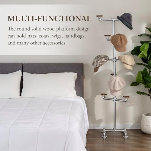 MyGift Industrial Silver Tone Metal Pipe Rack with 10 Round Wood Hat Hangers