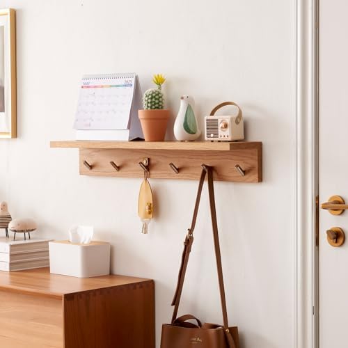 Oak Wood Wall Shelf with 5 Hooks Coat Rack