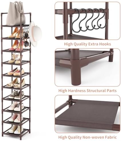 LANTEFUL 10-Tier Tall Narrow Shoe Rack Storage Organizer for Closets Entryways Dorms Brown