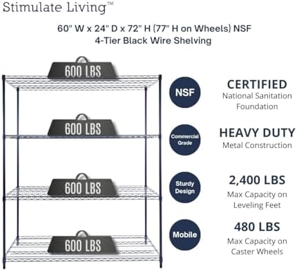 Stimulate Living 4-Tier Black Heavy Duty Wire Shelving Unit