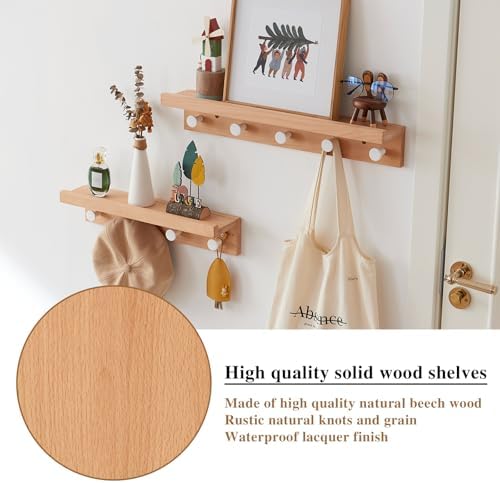 Beech Wood Wall Hooks with Shelf 19 Inch