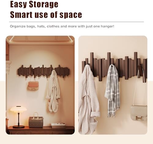 Wooden Coat Rack Wall Mounted Multi Hook Natural Walnut Art Design