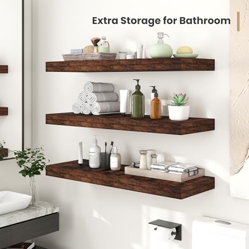12 Inch Deep Floating Shelves Set of 2 Rustic Brown