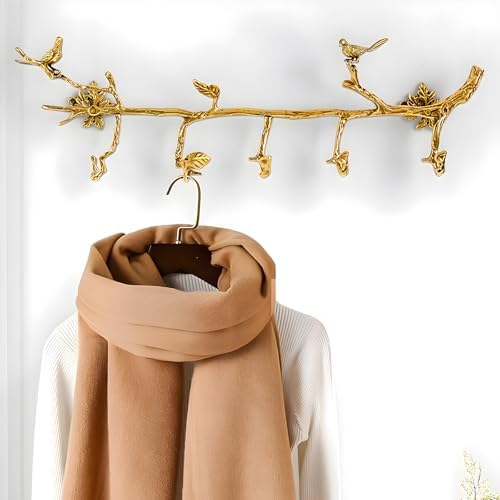 Brass Wall Mounted Hanger with 6 Hooks and Bird Decor