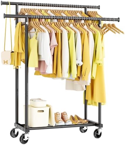Double Rods Clothes Rack with Rolling Wheels