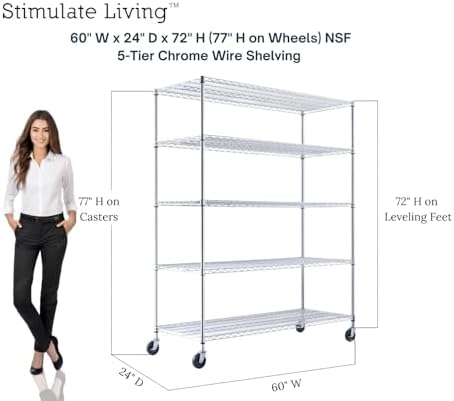 60x24x72 Chrome 5-Tier Heavy Duty Shelving with Wheels