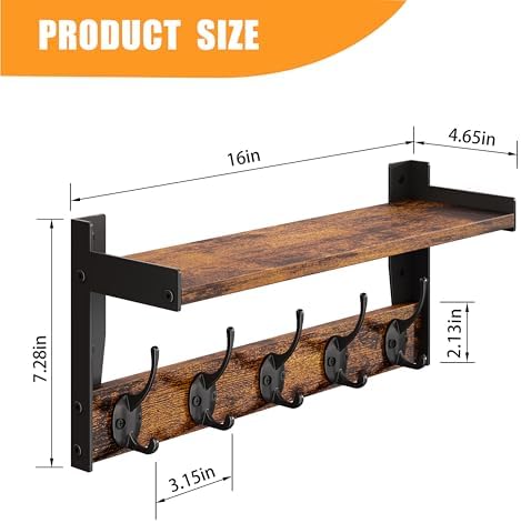 Wall Hooks with Shelf Wood Coat Rack with 5 Metal Hooks