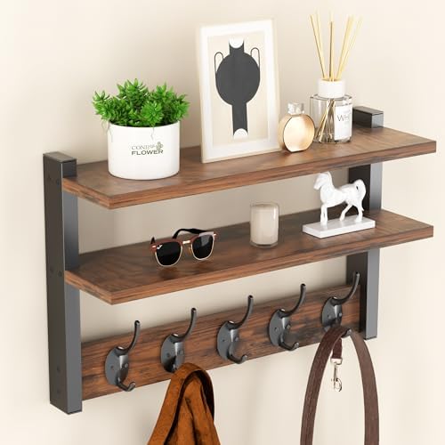 Two-Tier Wall Shelf with Five Hooks Rustic Brown