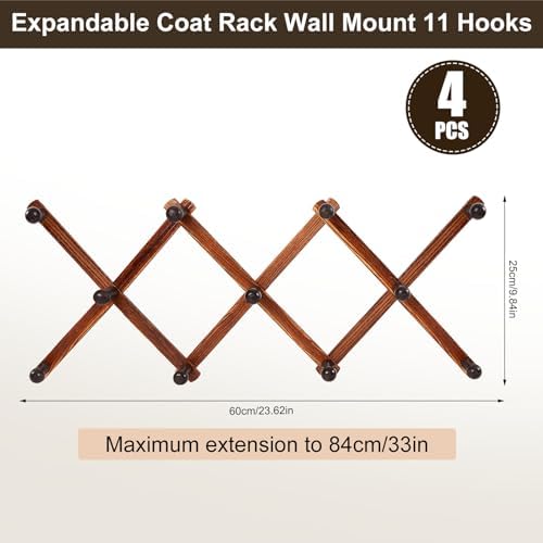 4 Pcs Expandable Wooden Coat Rack Wall Hanger with 11 Hooks