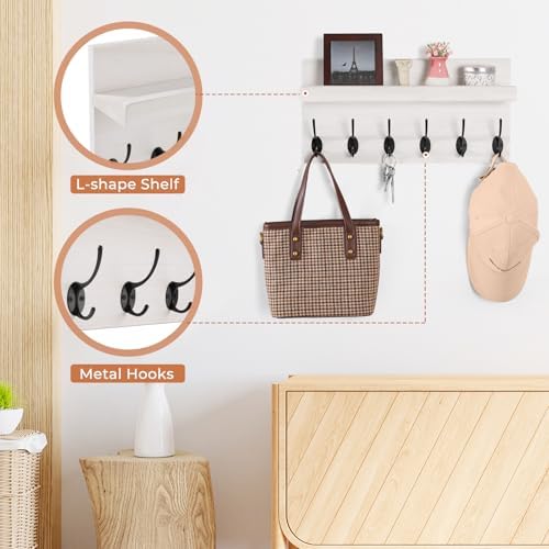 White Wall Mount Coat Rack with 6 Double Hooks and Shelf