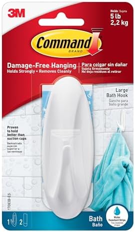 Command Designer Bath Hook Large White 1-Hook for Dorm Organization