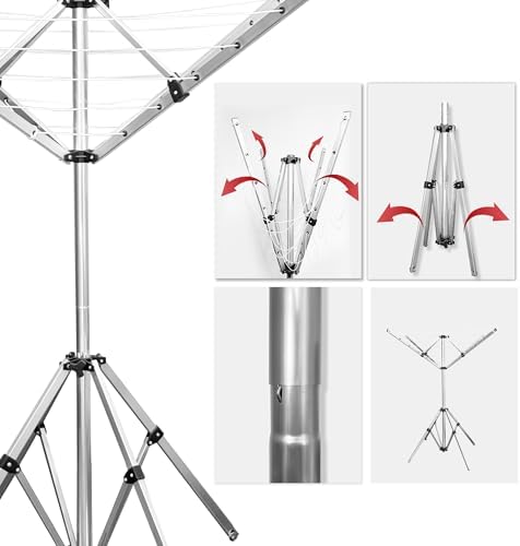4-arm Telescopic Aluminum Drying Rack with 28 Ropes and Windproof Rotating Design