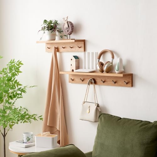 Oak Wood Wall Shelf with 5 Hooks Coat Rack