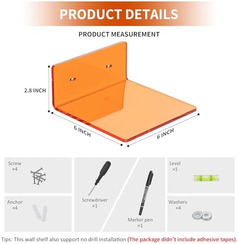 6 Inches Orange Wall Shelves Set of 2