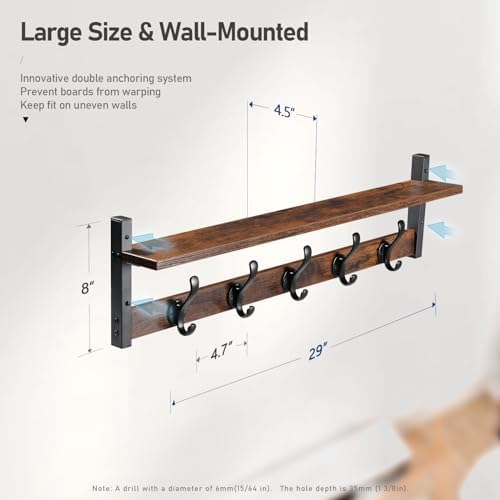 Tatub 29 Inch Rustic Black Coat Rack Wall Mount with Shelf