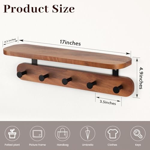 Walnut Wall Shelf with 5 Hooks for Entryway Storage