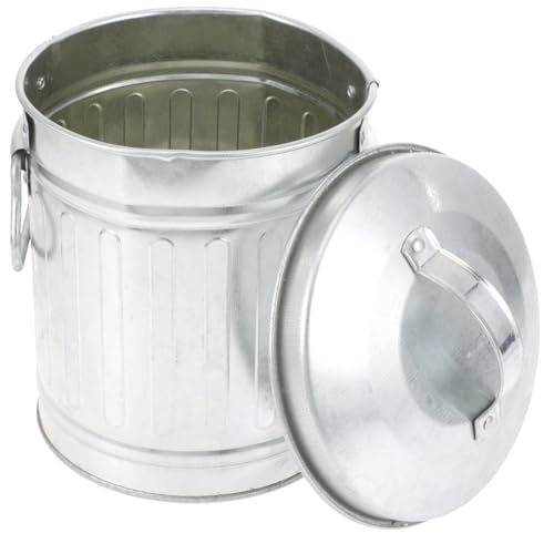 Cabilock Vintage Ash Bucket with Lid Galvanized Metal Flowerpot Organizer Mini Desktop Trash Bin