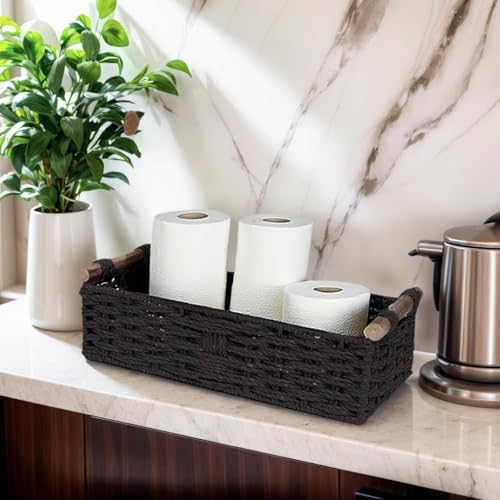 Black Paper Rope Storage Basket with Wooden Handle 1PC