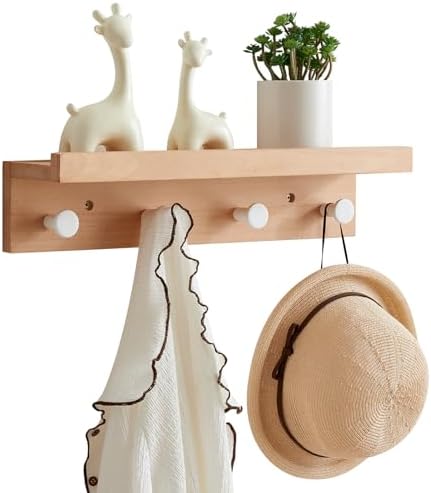 Beech Wood Wall Hooks with Shelf 19 Inch