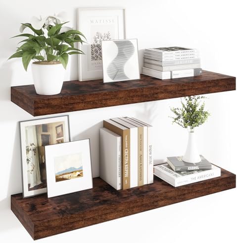 12 Inch Deep Floating Shelves Set of 2 Rustic Brown