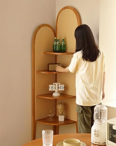 Tall 4-Tier Wood Corner Shelf with PE Rattan Weave Orange