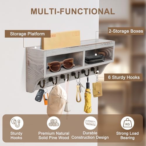 Key Holder Wall Mount with 6 Hooks and Storage Box