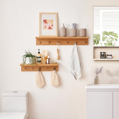 Oak Wood Wall Shelf with 5 Hooks Coat Rack
