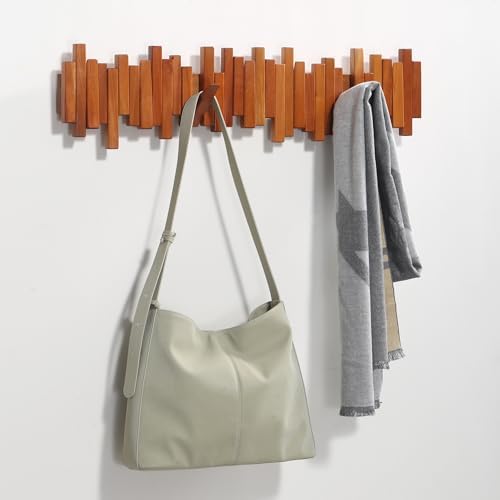 Wooden Coat Rack with 7 Flip-Down Hooks for Coats Hats and Bags