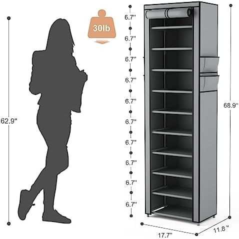 VTRIN 10 Tier Vertical Narrow Shoe Rack Organizer Tall Free Standing Grey