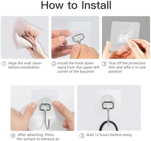 Heavy-Duty 44Lb Wall Hooks 10 Pack Clear Adhesive Removable