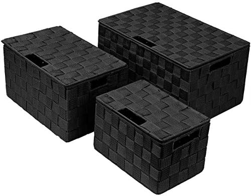Sorbus Set of 3 Black Woven Storage Baskets with Lids