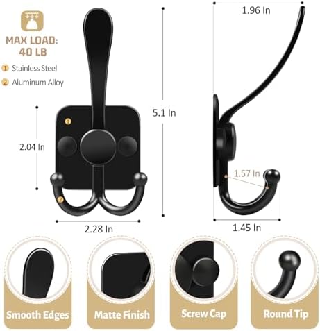 VISV 3 Prong Coat Hooks Wall Mount Black 4 Pcs