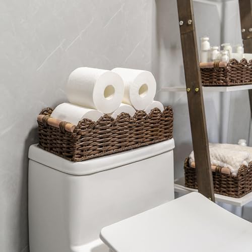 CubesLand PP Wicker Scalloped Edge Floating Shelf Basket Toilet Paper Basket Decorative Storage Container Brown
