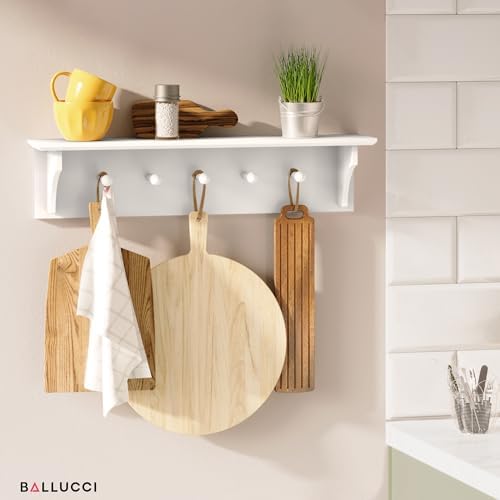 Ballucci Floating Coat and Hat Wall Shelf Rack 5 Pegs 24 White