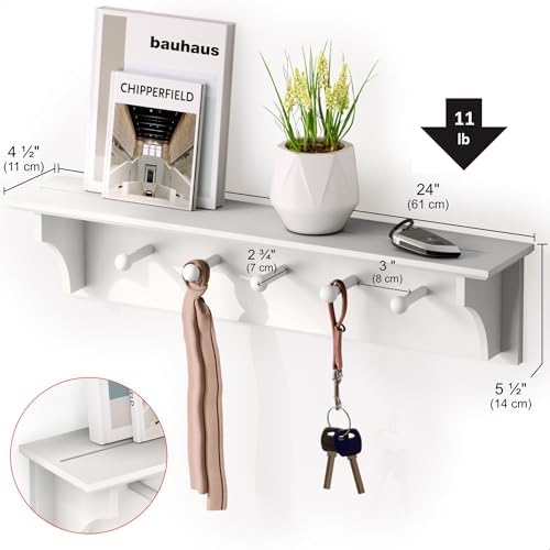 Ballucci Floating Coat and Hat Wall Shelf Rack 5 Pegs 24 White