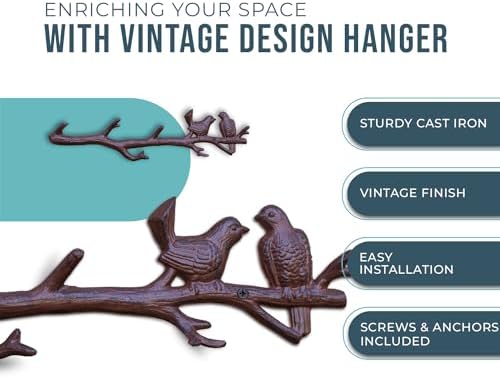Cast Iron Birds On Branch Hook Rack with 6 Hooks