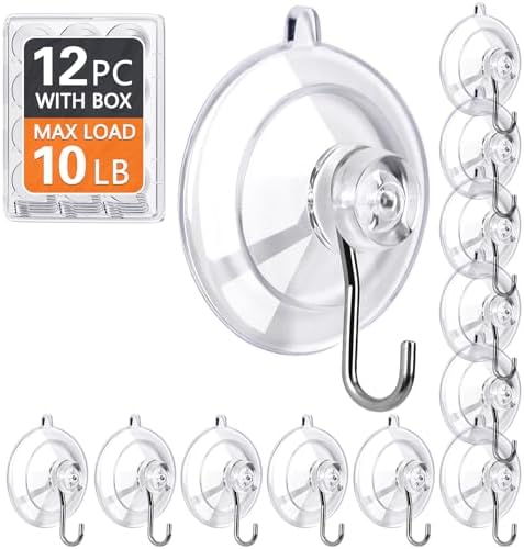 KORCCI Suction Cup Hooks 12 Pack - 10LB Load Clear Medium No Trace Reusable Stainless Steel