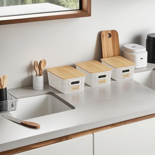 Small 5 Quart Plastic Storage Bin with Bamboo Lid 6 Pack