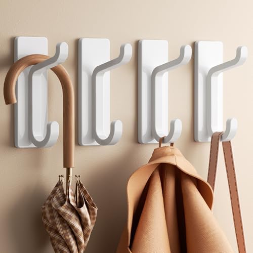 Wall Hooks for Coat and Towel 13LB Adhesive Door Hanger Stick on White 4 Pack