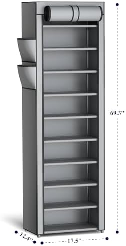 Kitsure 10-Tier Shoe Rack with Dust Cover and Side Pockets Grey