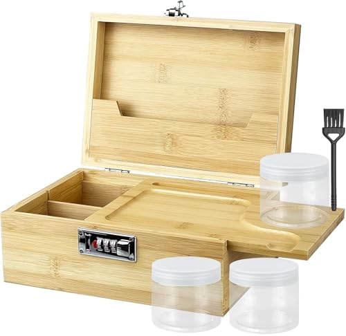 Large Bamboo Stash Box with Combination Lock 3 Jars