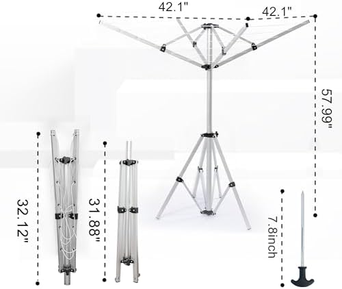 4-arm Telescopic Aluminum Drying Rack with 28 Ropes and Windproof Rotating Design