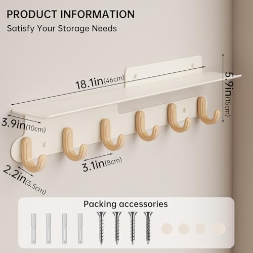 Modern Wall Hooks with 22 Inch Shelf and 6 Hooks