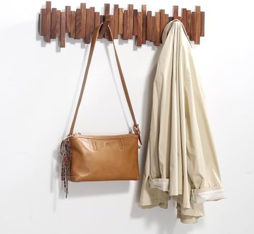 Wooden Coat Rack Wall Mounted Multi Hook Natural Walnut Art Design