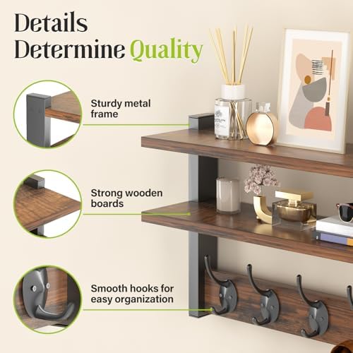 Two-Tier Wall Shelf with Five Hooks Rustic Brown