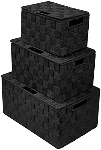 Sorbus Set of 3 Black Woven Storage Baskets with Lids