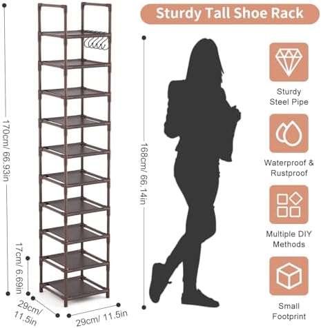 LANTEFUL 10-Tier Tall Narrow Shoe Rack Storage Organizer for Closets Entryways Dorms Brown