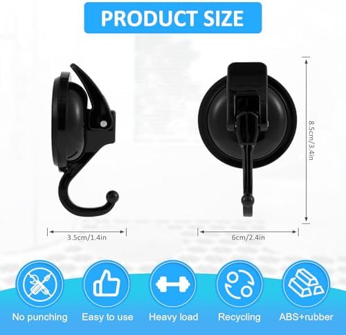 Heavy Duty 15LB Suction Cup Shower Hook Reusable No Drilling Black 4-Pack