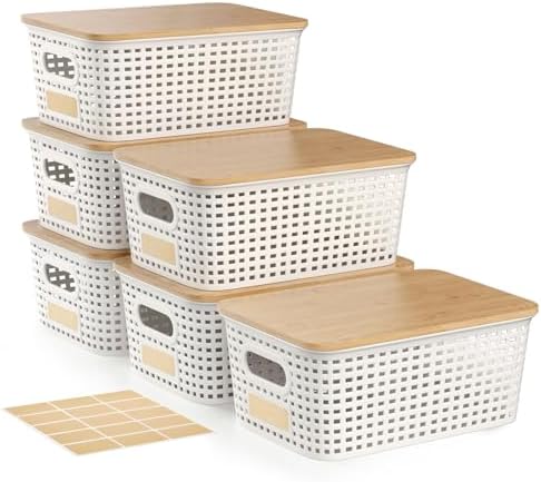 Small 5 Quart Plastic Storage Bin with Bamboo Lid 6 Pack