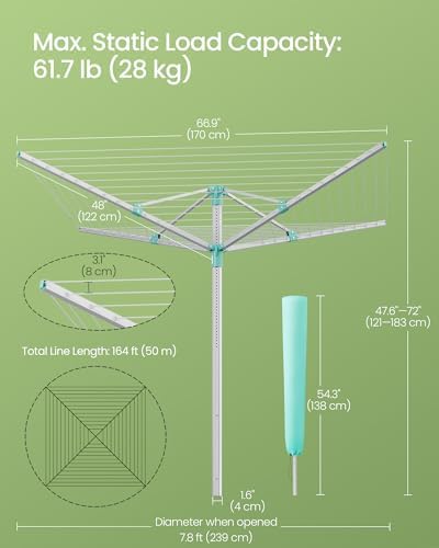SONGMICS Retractable Clothesline Drying Rack 164 ft 5 Loads Height Adjustable Garden Use Silver Green